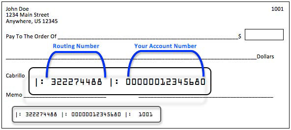 Direct deposit check example showing routing number and account number