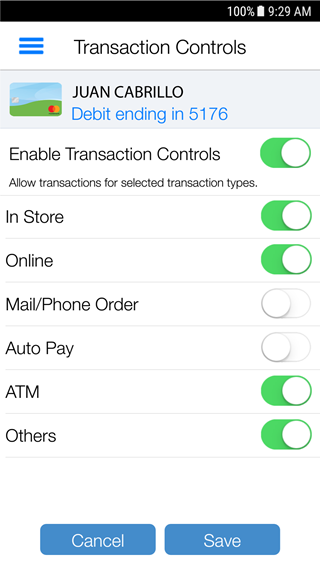 screenshot of Transaction Controls