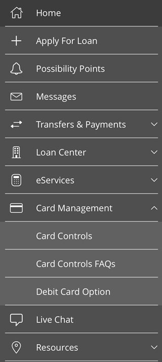 screenshot of mobile app with Card Management menu expanded